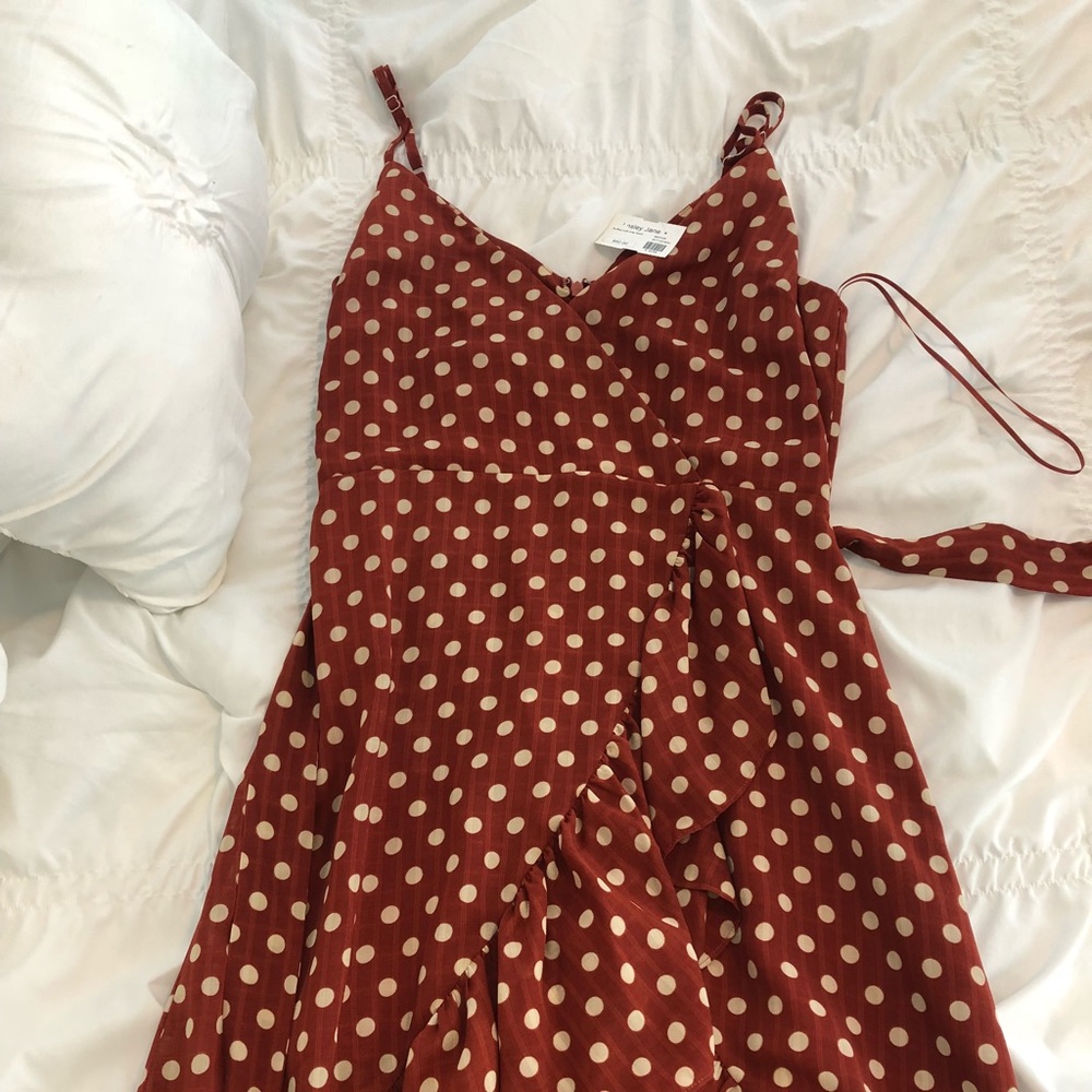 Wrap dress, spaghetti strap, burgundy polka dot